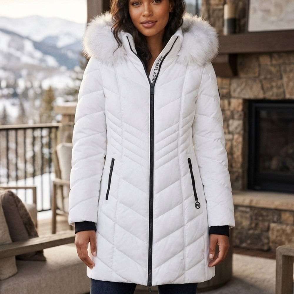 Michael Kors White Puffer Jacket Detachable Hood W/Fur Trim Women's Sz Large NWT - Picture 12 of 13
